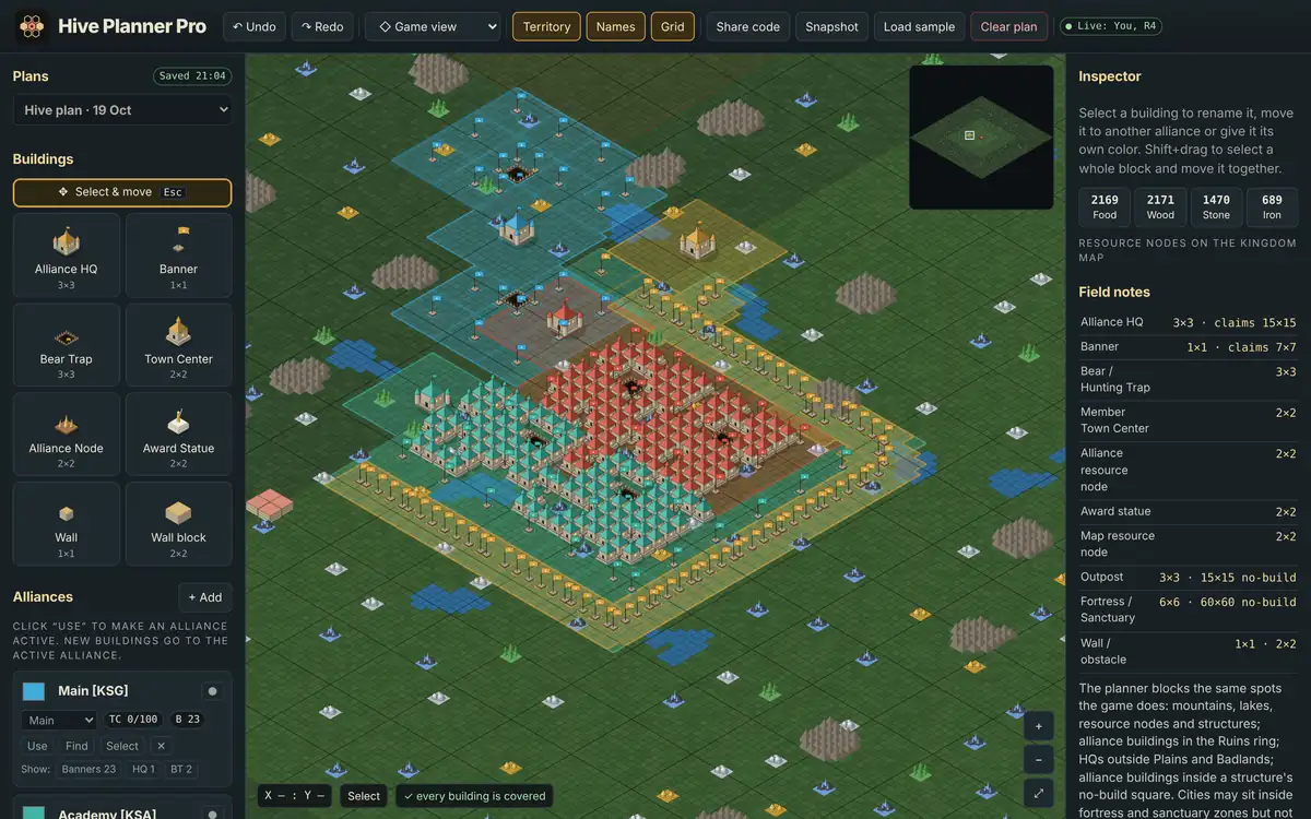 Hive Planner Pro: an isometric alliance hive with HQ, banners, member cities and a wall, next to the building palette and inspector.