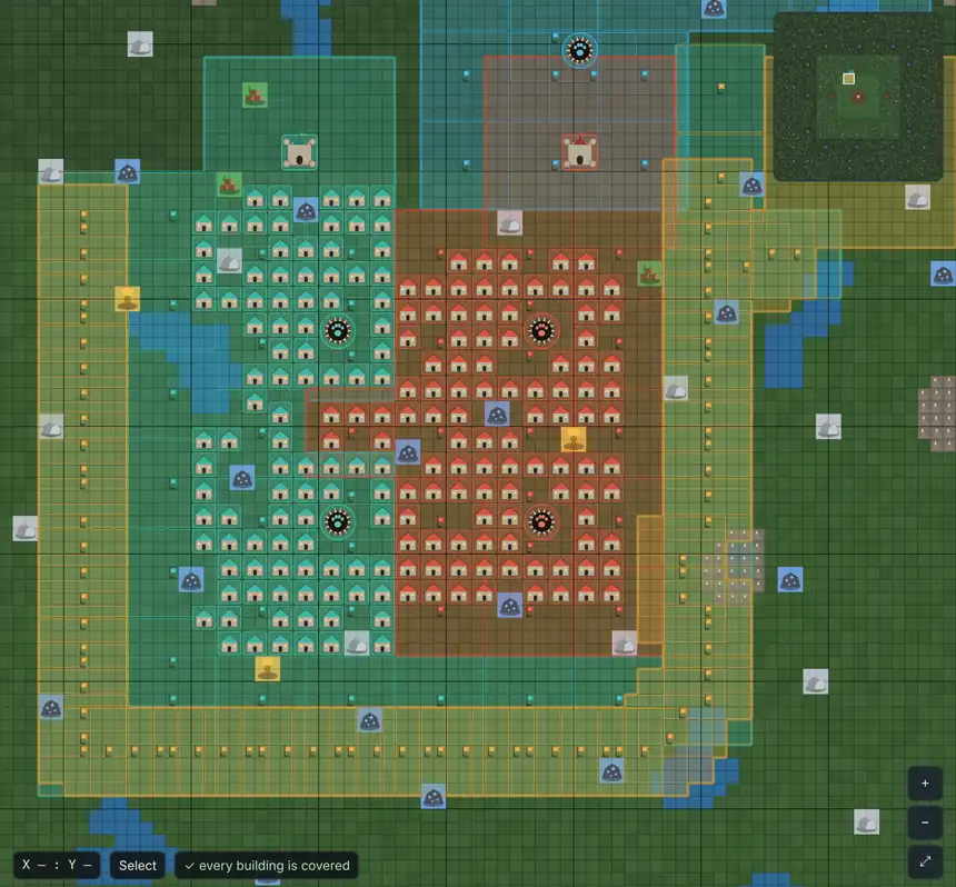 The same hive in top-down grid view, showing territory outlines and named cities.