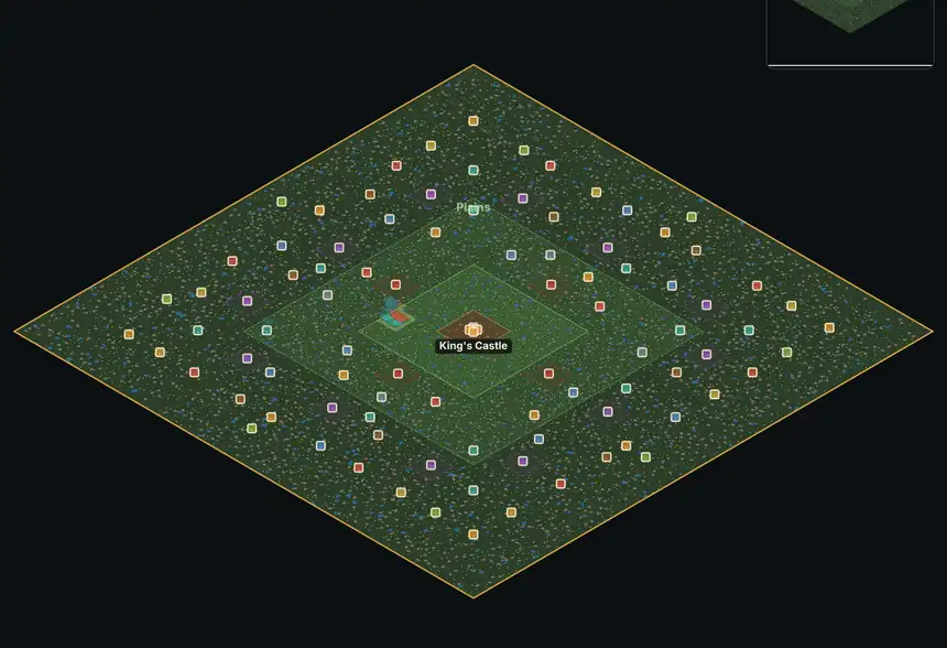 Full map overview with zone rings, fortresses, outposts and resource nodes around the central castle.